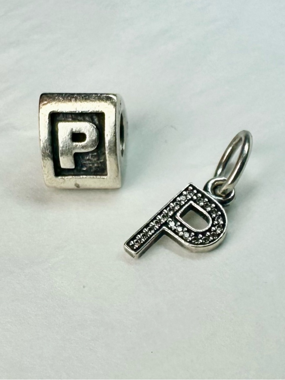 Pandora Letter “P” Charm Bundle Sterling Silver CZ Dangle + Retired Alpha Bead